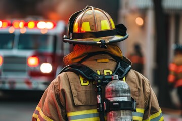 Close-up of firefighter in uniform with helmet and gear - bravery - emergency response - public safety