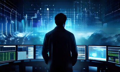 screen with a lot of numbers and lines. Concept of focus and concentration as the man studies the data on the screen