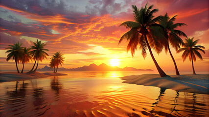 a vibrant sunset over a tropical island, with palm trees casting long shadows on the golden sand