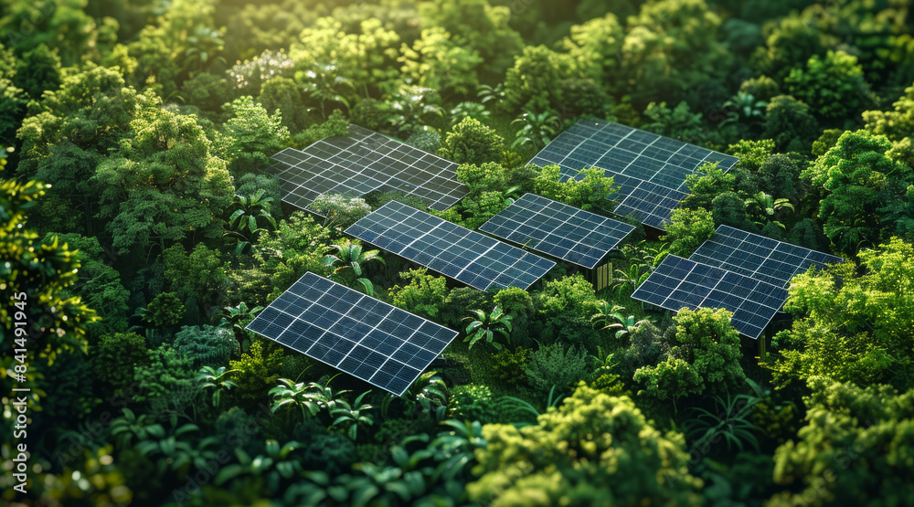 Poster solar panels installed in a lush, green forest. aerial view, showcasing the contrast between the adv