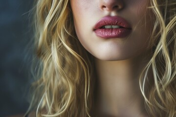 Detailed close-up shot focusing on a woman's full lips and textured, blonde curls