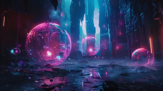Abstract futuristic landscape with glowing orbs and neon lights.  A surreal and vibrant digital art scene.