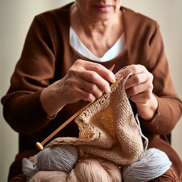 grand m&egrave;re en train de faire du tricot en ia
