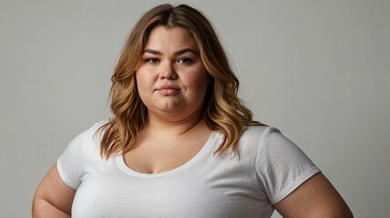 Obraz premium Portrait of an overweight woman in studio on a white background. obesity concept