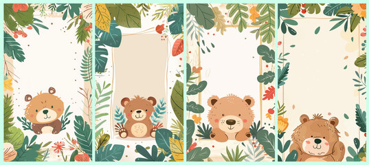 Fototapeta premium vertical cute minimal cartoon style frame border banner background, cute bear in tropical garden nursery illustration with blank copy space 