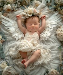 Fototapeta premium Portrait of a pretty sleeping newborn baby with angel wings and flowers around
