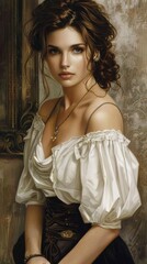 Naklejka premium Portrait of a Beautiful Woman in Vintage Clothing with Elegant Hairstyle