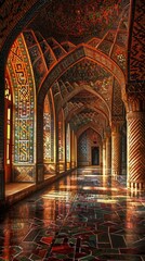 Obraz premium Colorful Interior of Traditional Middle Eastern Mosque with Intricate Tiled Patterns and Arches