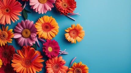 Birthday greeting card featuring orange and fuchsia gerbera daisies on a blue backdrop