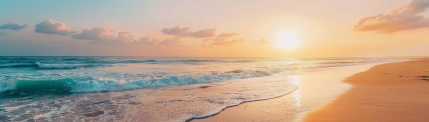 Obraz premium Serene sunset over a sandy beach with gentle waves.