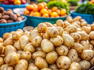 "A Close-Up Of A Pile Of Potatoes At A Market, With Other Produce In The Background."