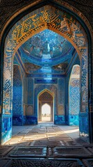 Obraz premium Stunning Islamic Architecture with Intricate Blue Mosaic Patterns in Sunlit Corridor