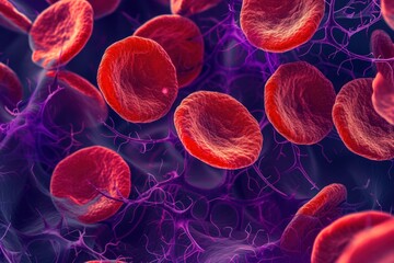 Detailed medical illustration of red blood cells in a dynamic, high-resolution 3d rendering