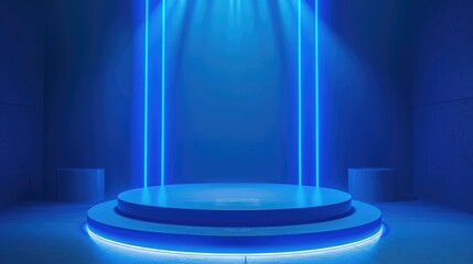 An empty podium bathed in blue dramatic lighting strikes, perfect for showcasing products in a striking and elegant manner.