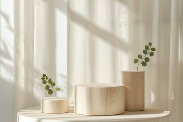 Minimalist Wooden Podium with Eucalyptus Branches in Soft Natural Light