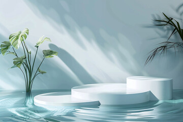 Modern White Podium with Green Plants in a Serene Water Setting