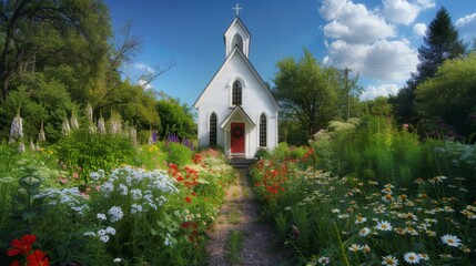 A small white church with a cross on top sits in a lush green garden - Powered by Adobe