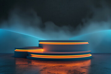 Futuristic Podium with Orange Neon Lighting in a Dark High-Tech Setting
