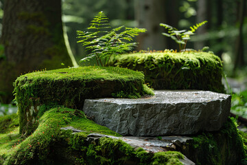 Moss-Covered Stone Podium with Ferns in a Lush Forest Setting