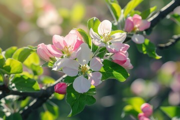 Obraz premium Close-up of pink apple blossoms with bokeh effect on a sunny day