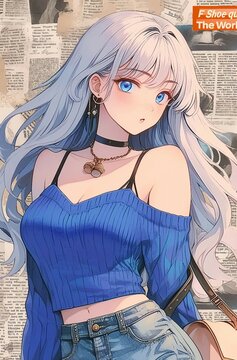 A cute girl with silver hair, wearing a blue top and jeans in the style of anime aesthetic fashion art
