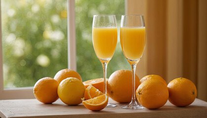 Naklejka premium Two glasses of orange juice are displayed on a wooden table with sliced and whole oranges surrounding them. The background features a window with a blurred view of green foliage