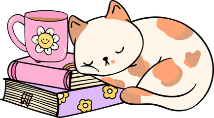 Retro Groovy book and cat funky doodle drawing