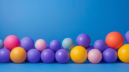 Colorful balls of various sizes are arranged in a row against a blue background.