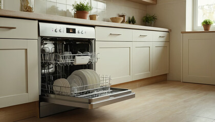 A stainless steel dishwasher with the door open, revealing clean dishes on the top rack. The dishwasher is integrated into a modern kitchen with white cabinets and wood countertops