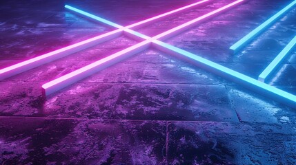 Cyber laser vibrant neon lines in purple and blue on a grunge asphalt floor, futuristic retro stage for modern sci-fi podium. 3D rendering