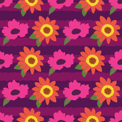 Seamless floral pattern on purple stripes background