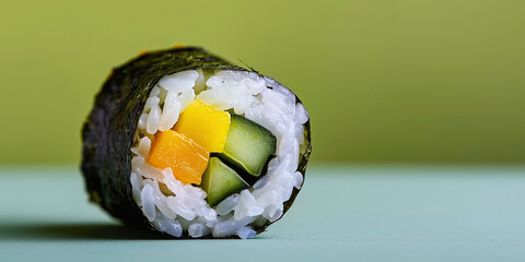 Tropical fruit sushi roll made with seaweed sticky rice and mango, avocado and cucumber filling.