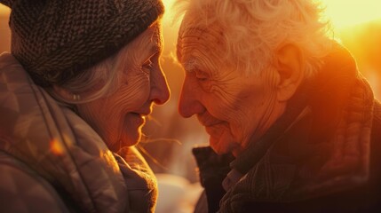 Portrait of a happy old couple on sunset background