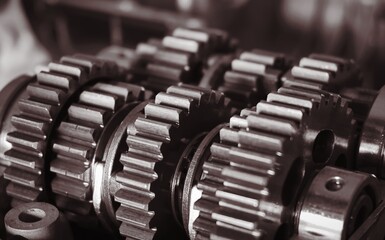 Naklejka premium Mechanical industrial Gear Mechanics transmission in industrial plant