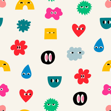 Naklejki Set of Various bright Doodle shapes with face emotions. Different figures. Hand drawn trendy Vector illustration for kids. Cute funny characters. Square seamless Pattern, background, wallpaper