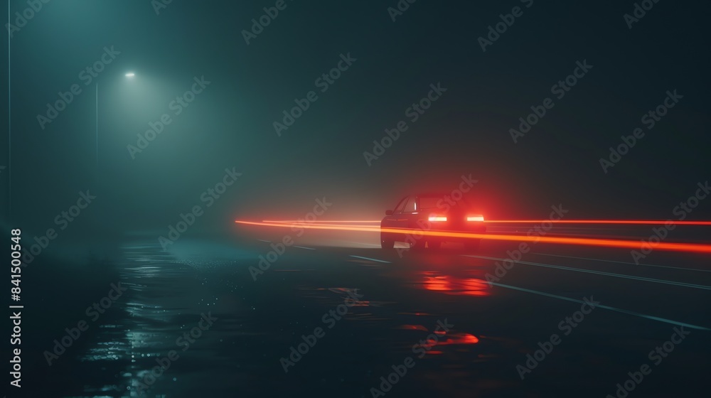 Canvas Prints A dark and mysterious car speeds through the rain on a lonely road. The only light comes from the streetlights and the car's headlights.