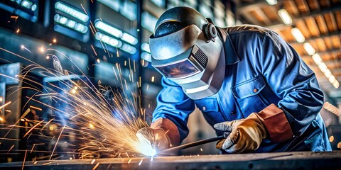 Industrial Welder Wearing Protective Gear And Using Welding Torch In Factory