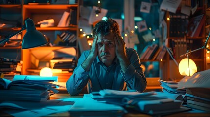 Exhausted Businessman Overwhelmed by Paperwork and Deadlines at His Desk in the Late Night Office