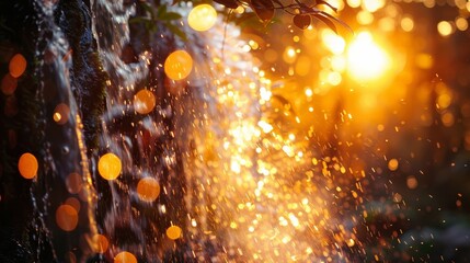 The setting sun casting its fiery spell on a waterfall creating an enchanting firefall phenomenon.