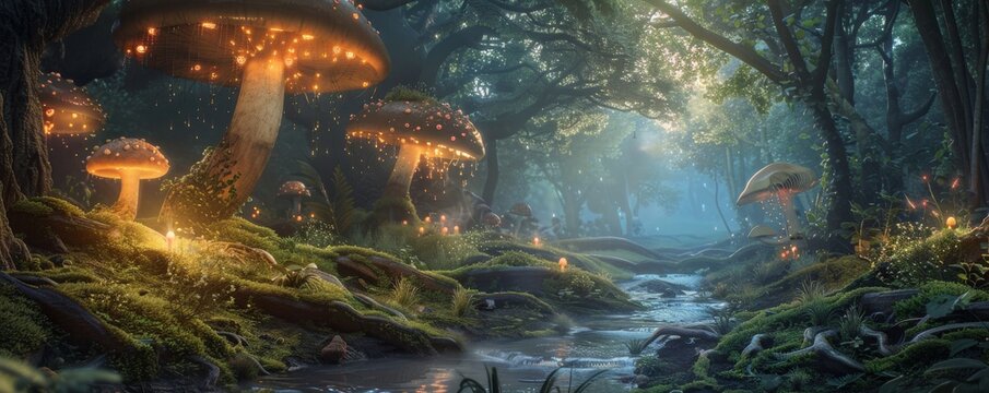 Magical glowing mushrooms growing in forest