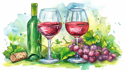 Watercolor painting of a romantic wine tasting setup with grape bunches