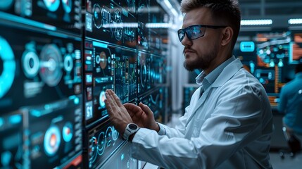 Scientist Examining Advanced Digital Displays in High Tech Laboratory