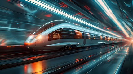 High Speed Futuristic Train Speeding Through Modernist Landscape