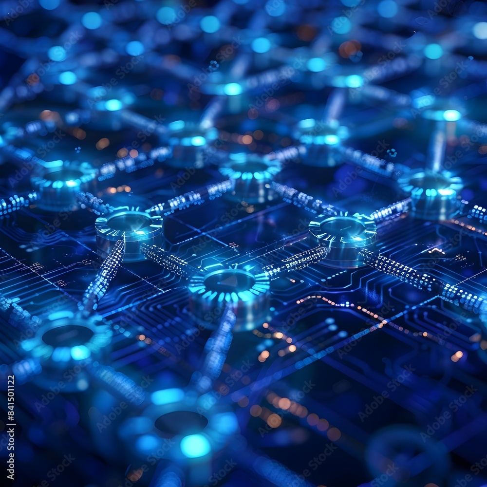 Poster blockchain network visualization with interconnected nodes and data flow technology concept