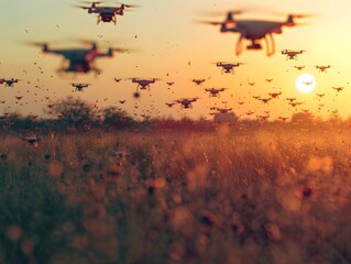 Drone Swarm Performing Coordinated Task in Open Field at Sunset