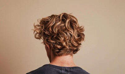 A man with sandy blonde hair styled in tousled waves, back view