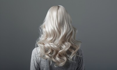Naklejka premium A woman with platinum blonde hair, styled in loose waves cascading down her back