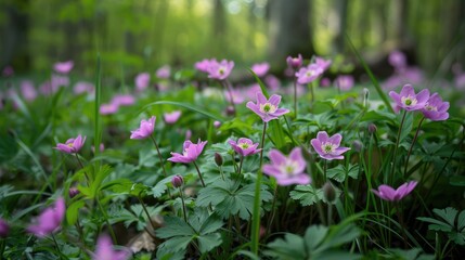 Obraz premium Anemones blossom at the forest s lower level