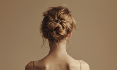 A woman with sandy blonde hair, tied back into a messy bun, back view