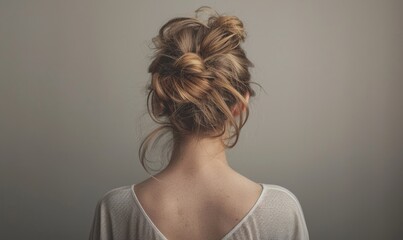 A woman with sandy blonde hair, tied back into a messy bun, back view